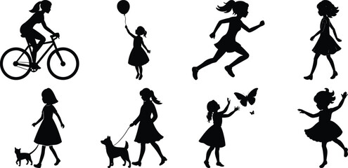 Children playing running silhouette set. Children activity vector isolated on white transparent background
