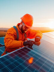Man focused on solar panel maintenance at dawn. The human force driving ecological change