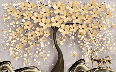 Custom 3d Wallpaper, Tree with flowers and elk deer