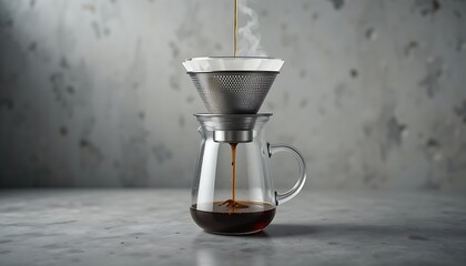 Pour-over coffee brewing in action, with hot water dripping from a kettle into a filter cone, producing freshly brewed coffee in a glass carafe.