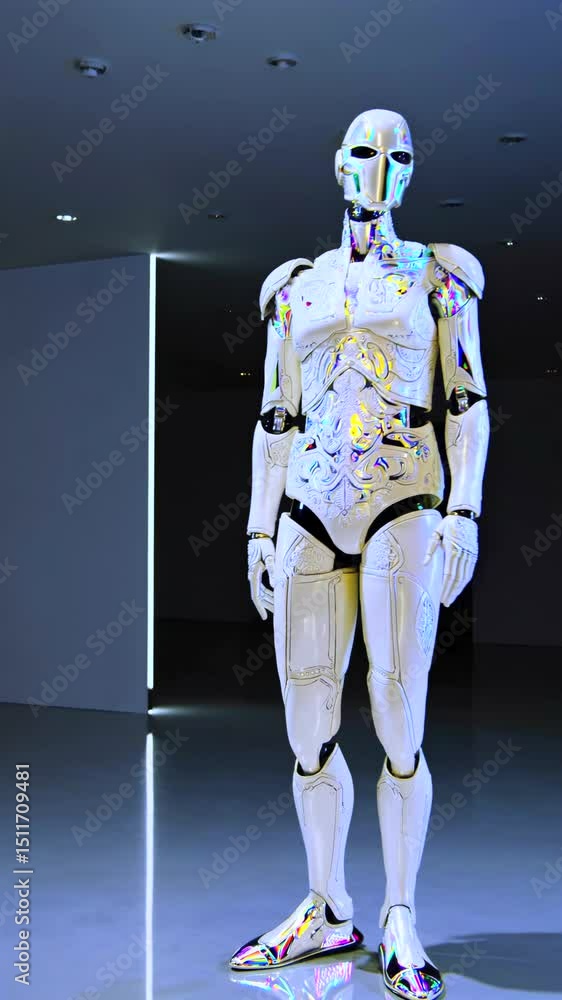 Poster sleek humanoid robot moving precisely across minimalist white space, showcasing advanced robotics wi