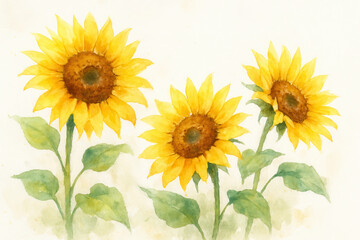 Obraz premium Watercolor sunflower trio illustration, vibrant yellow blooms on green stems