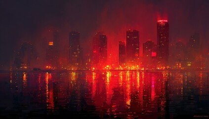 Fototapeta premium Cityscape at Night, Red Glow