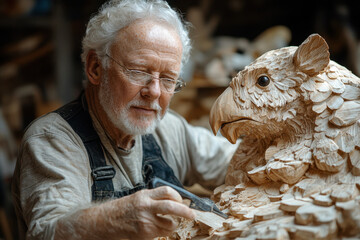 A man carving a bird out of wood.