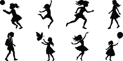 Children playing running silhouette set. Children activity vector isolated on white transparent background
