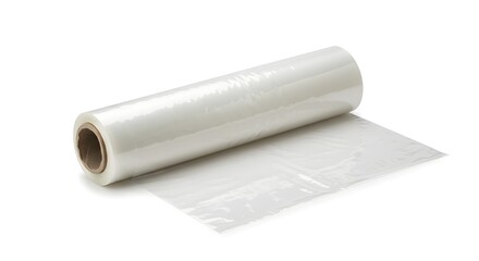 A roll of clear plastic wrap on a cardboard tube against a white background plain shot