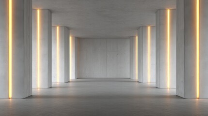 Minimalist interior with concrete columns and glowing light panels, embodying modern simplicity and spacious elegance