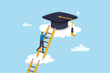 Education degree achievement, graduation or college, university diploma, school or learning classroom, wisdom or scholar concept, young adult student climb up ladder to reach graduate mortarboard hat.