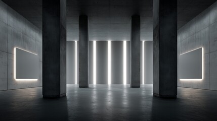 Naklejka premium Minimalist interior with concrete columns and glowing light panels, embodying modern simplicity and spacious elegance