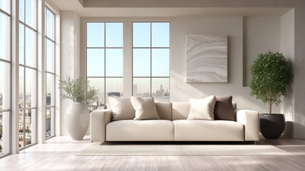 Fototapeta premium Minimalist living room with beige sofa and abstract art, bathed in soft natural light, embodying contemporary elegance and tranquility.