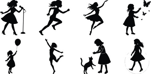 Children playing running silhouette set. Children activity vector isolated on white transparent background
