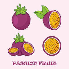 Passion fruit icon set collection in cartoon flat style. Passionfruit vector illustration on isolated background. Nature snack sign business concept.