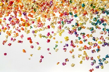 A burst of rainbow sprinkles scattered on a white background offers a vibrant, playful touch ideal for food-related designs, baking themes, or festive celebrations.