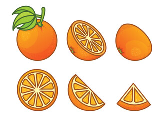 Orange fruit icon set collection in cartoon comic style. Clementine vector illustration on isolated background. Nature snack sign business concept.