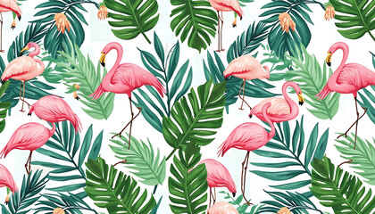 Flamingos Among Lush Tropical Leaves and Flowers Pattern