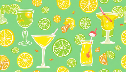 Refreshing Lemon Lime Drink Pattern with Cocktail Glasses and Citrus Fruits