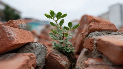 Resilience and growth: a plant thriving between brick ruins