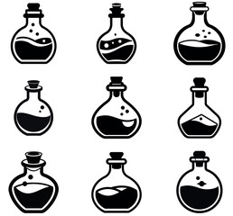 Magic Potion Bottle Icon Set Vector Silhouettes