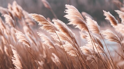 Obraz premium Pampas grass swaying in soft pastel hues, a dreamy boho landscape of serene natural beauty