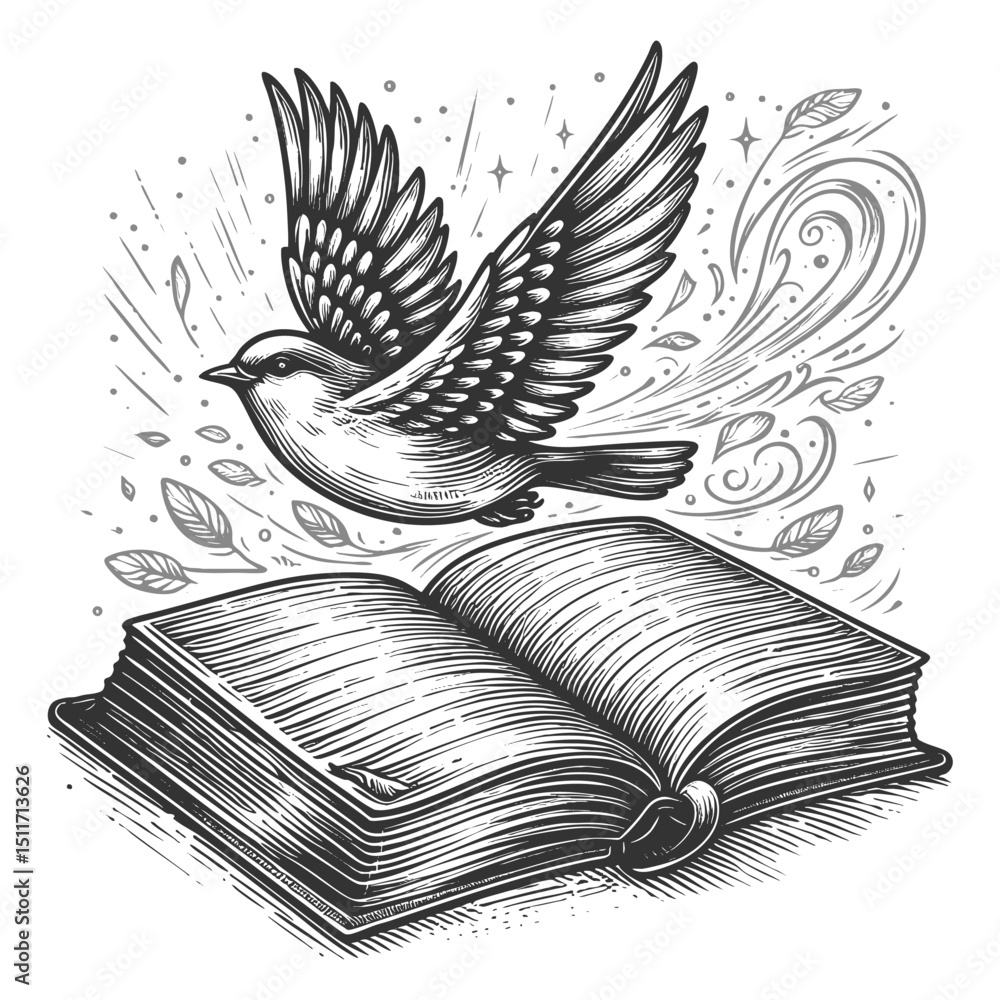 Poster bird soaring from an open book with swirling leaves and sparkles, symbolizing imagination and freedo