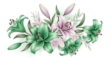 Fototapeta premium Watercolor lilies floral arrangement green and pink flowers botanical illustration elegant design art