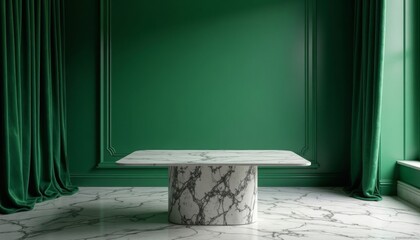Marble Table with Green Wall and Curtains