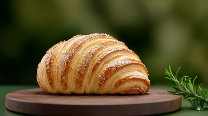 Golden Croissant on Dark Wood Board with Green Blurred Background