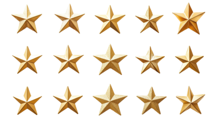 Set of 12 golden stars on transparent background, png