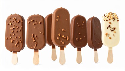 Different ice creams covered with chocolate isolated on white background
