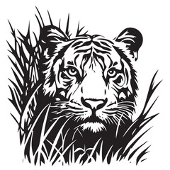 Tiger in Grass - Black and White Vector Illustration