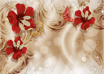 3d wallpaper red jewelry flowers and jewelry butterflies on golden silk background