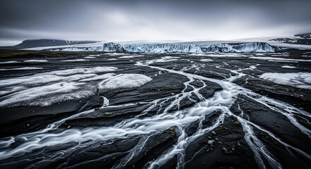 Melting Glacier Landscape: Clear Streams Flowing Over Bare Volcanic Land