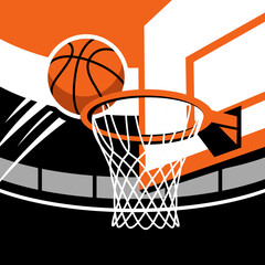 basketball hoop with ball flat cartoon minimalist poster design, sport event illustration © Satoru Sketches