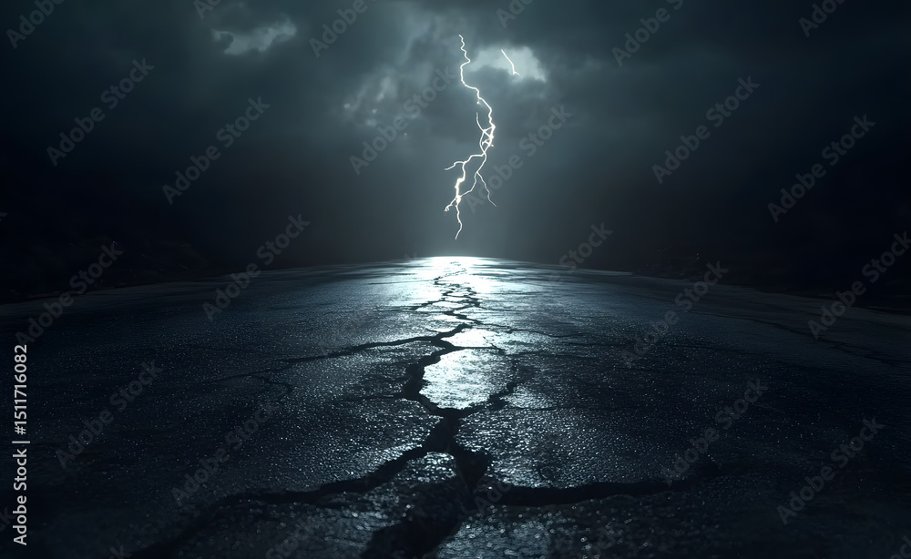 Aufkleber 3d rendering abstract crack asphalt light in a dark empty street lightning.