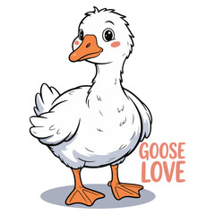 Cartoon illustration of a cute white goose with goose love
