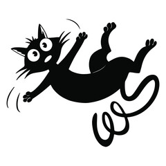 Cartoon black cat falling with curly tail and surprised face