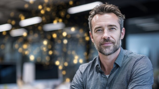 Businessman in modern office with digital network overlay, symbolizing connectivity and innovation in corporate world