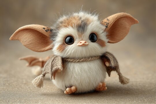 Adorable brown and white Furby-like creature with wings standing on the floor