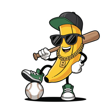 Cartoon banana character with baseball bat and accessories