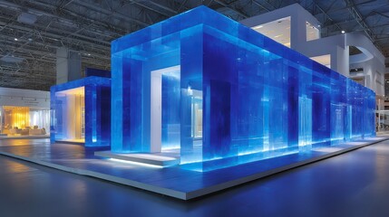 Brightly illuminated transparent blue acrylic panels are showcased in a modern emphasizing design and innovation