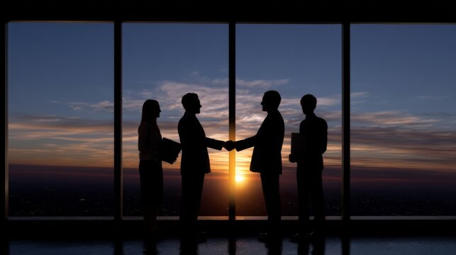 Silhouettes of diplomats exchanging folders at sunset meeting