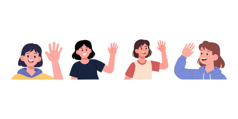 flat illustration of cartoon woman waving hand