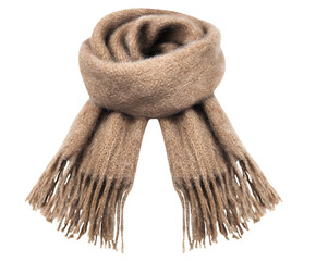 A soft beige scarf with fringes isolated on a transparent background, showcasing cozy winter fashion and textile texture
