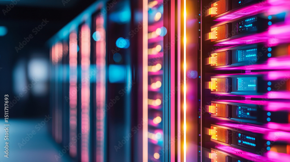 Poster colorful server racks in a modern data center environment.