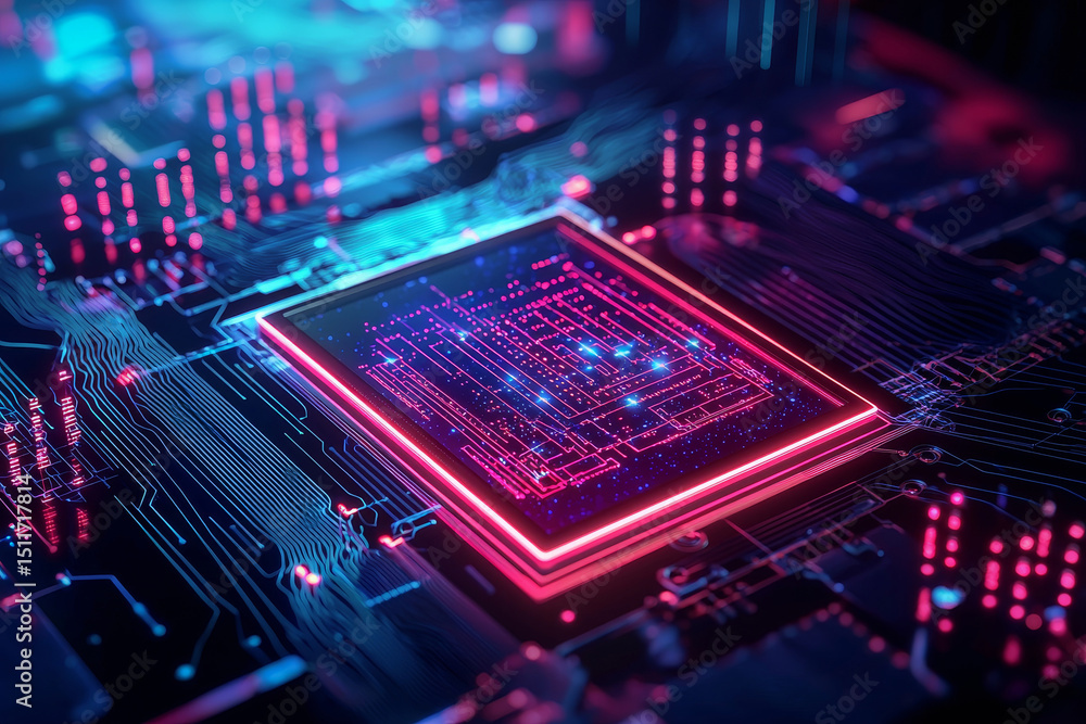 Poster futuristic circuit board with glowing components and data flow.