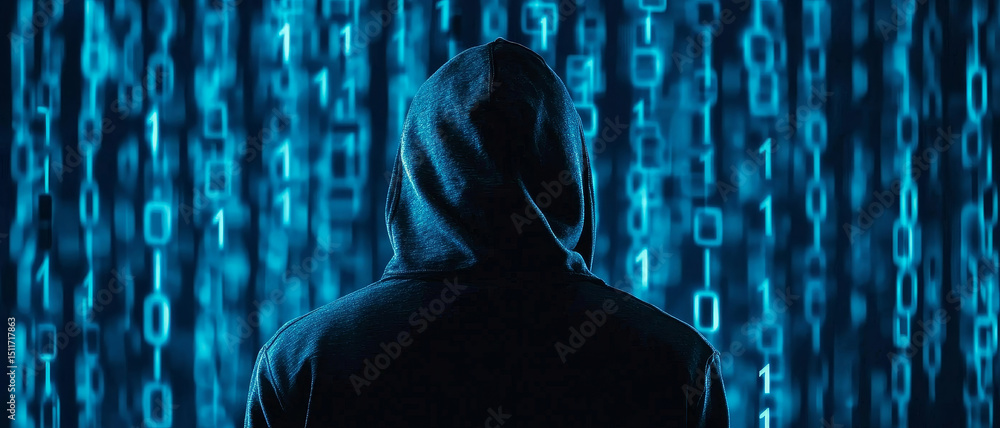 Poster mysterious figure in a hoodie against a digital binary backdrop.