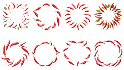 Collection of various a creative flat-lay of chili peppers arranged around a printed menu, showcasing a spicy theme isolated on white transparent background PNG set