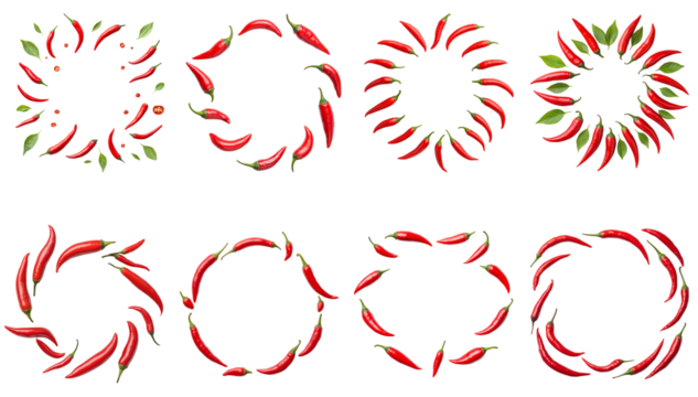 Collection of various a creative flat-lay of chili peppers arranged around a printed menu, showcasing a spicy theme isolated on white transparent background PNG set