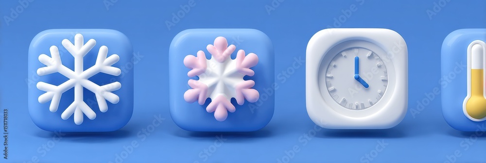Poster stylish 3d freezer icons featuring snowflakes, timer, and thermometer on a clean design background f
