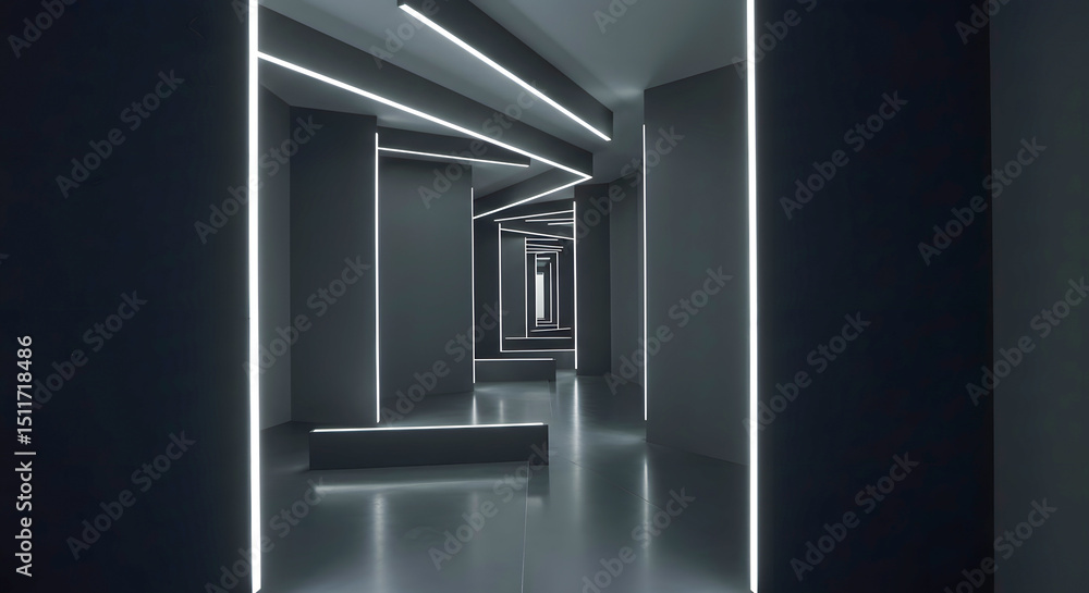 Poster modern abstract corridor with geometric neon lights: a futuristic perspective of dark architecture a